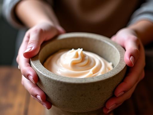 職人の手が乳鉢でクリームを混ぜている